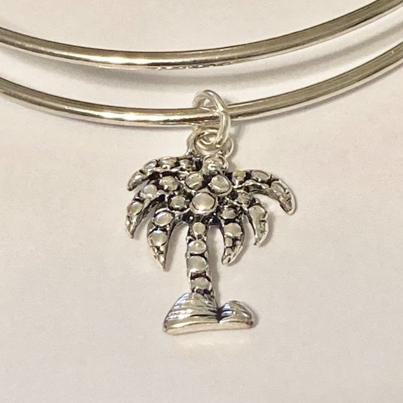 Coconut Palm Tree Charm Bracelet Beach Island Adjustable Silver Plated Wire - Picture 3 of 9